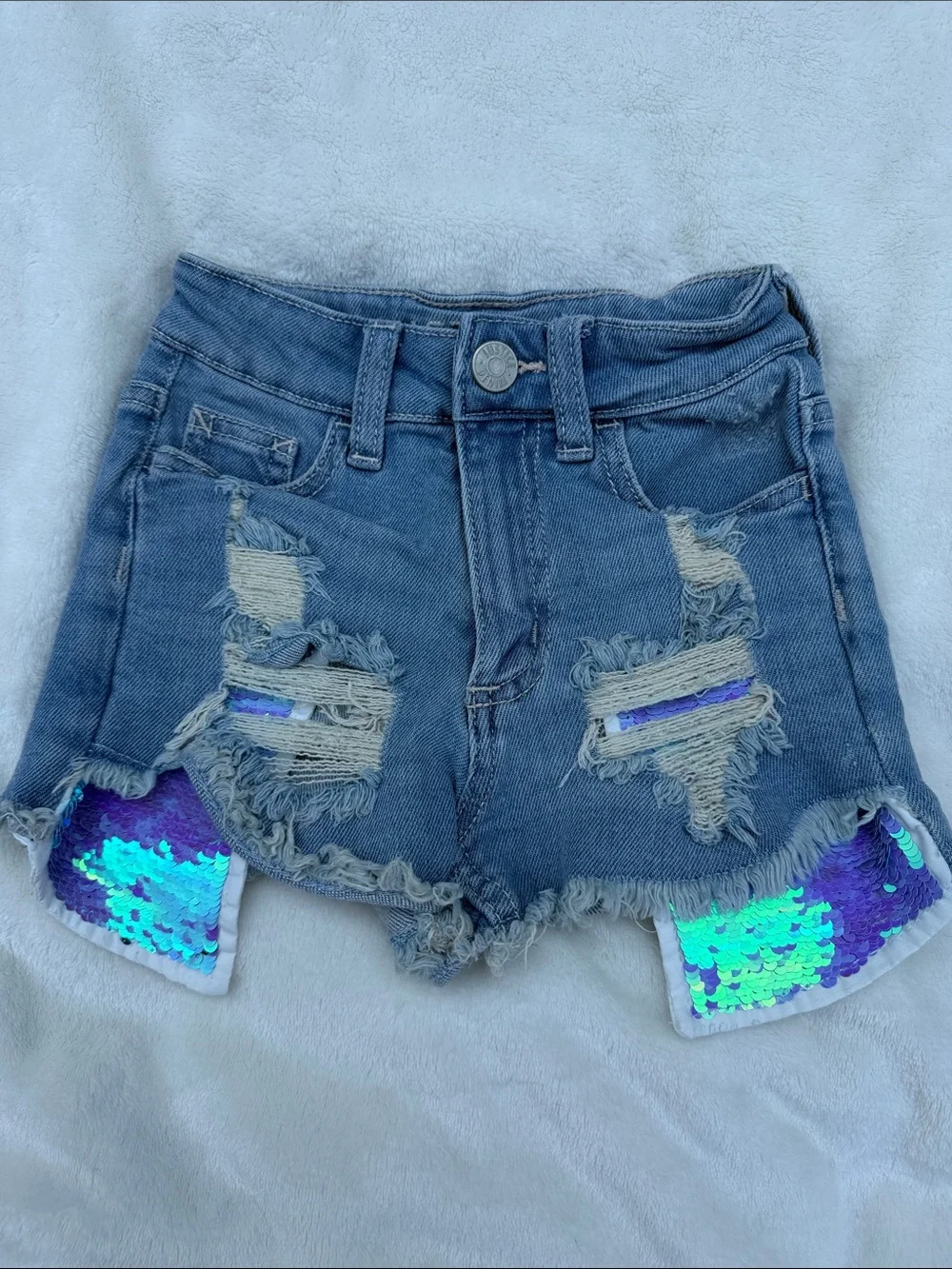 Justice Blue Distressed Denim Shorts with Iridescent Sequin Panels